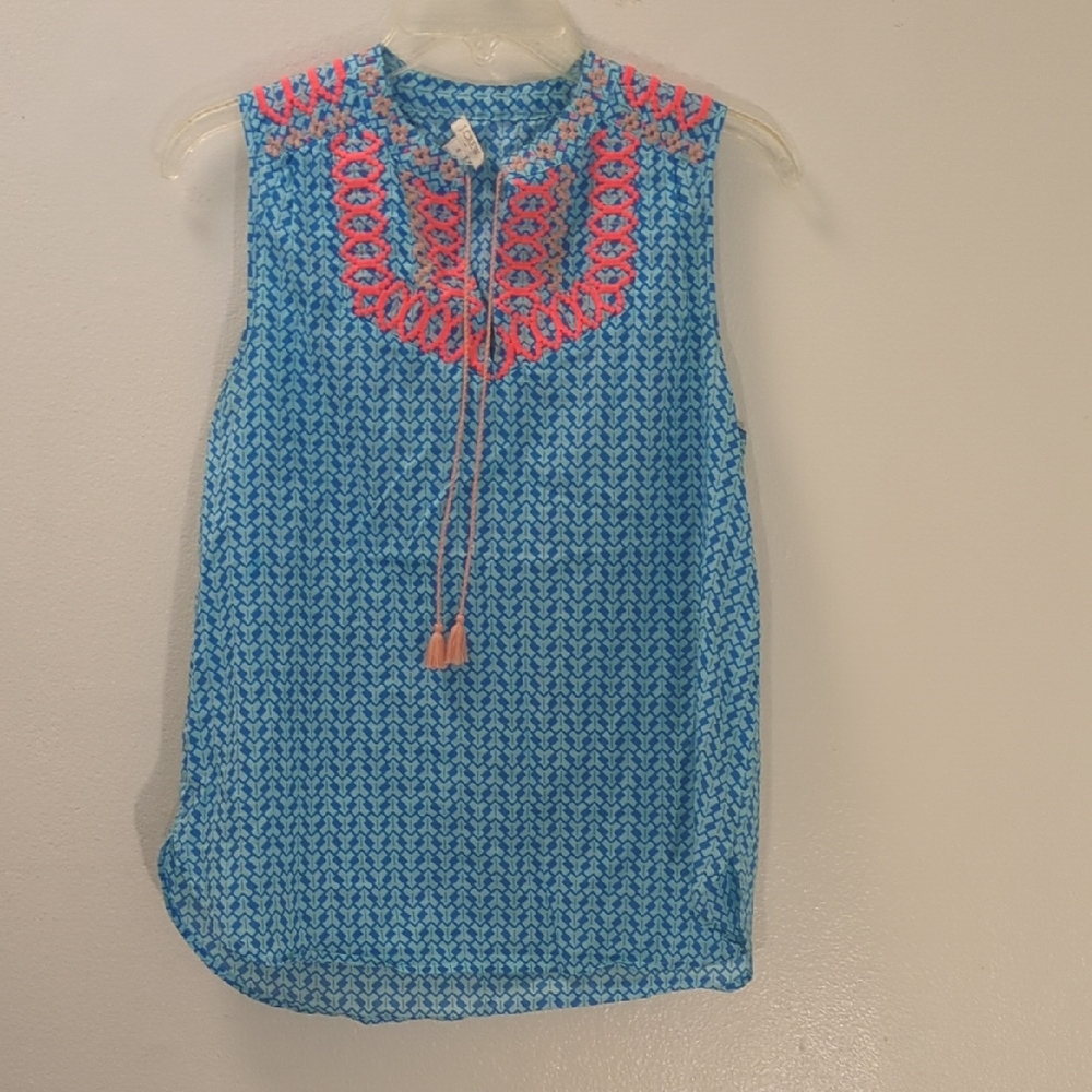 J. Crew Vibrant Blue Blouse with Pink Embroidery